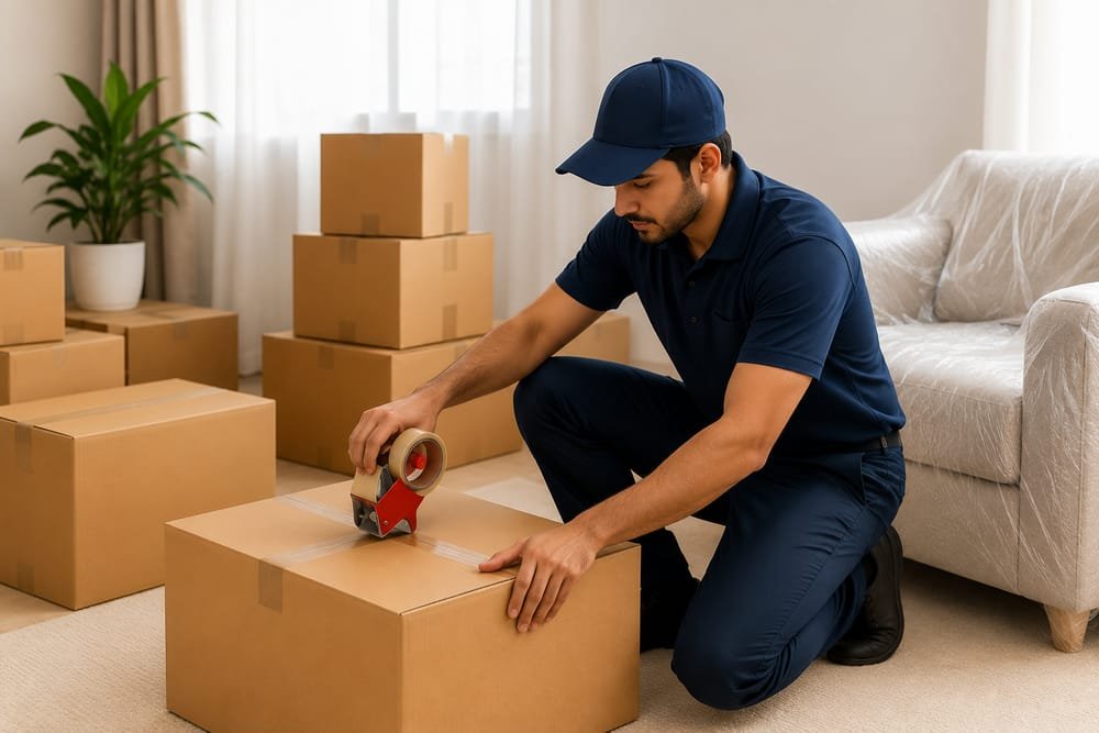 A Shifter worker taping and packing a cardboard box