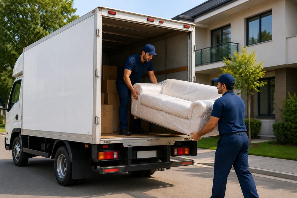 Two Shifter workers loading a wrapped sofa into a moving truck