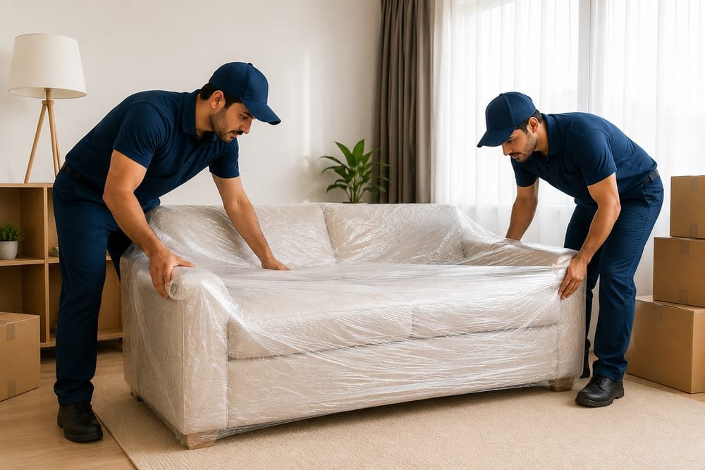 Shifter team wrapping a sofa in protective film