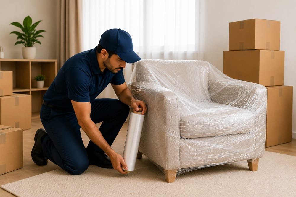 A Shifter worker wrapping an armchair in stretch film