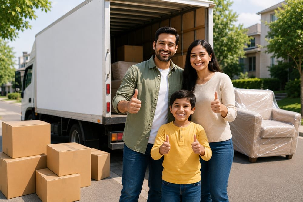 A happy family giving thumbs up beside a loaded moving truck