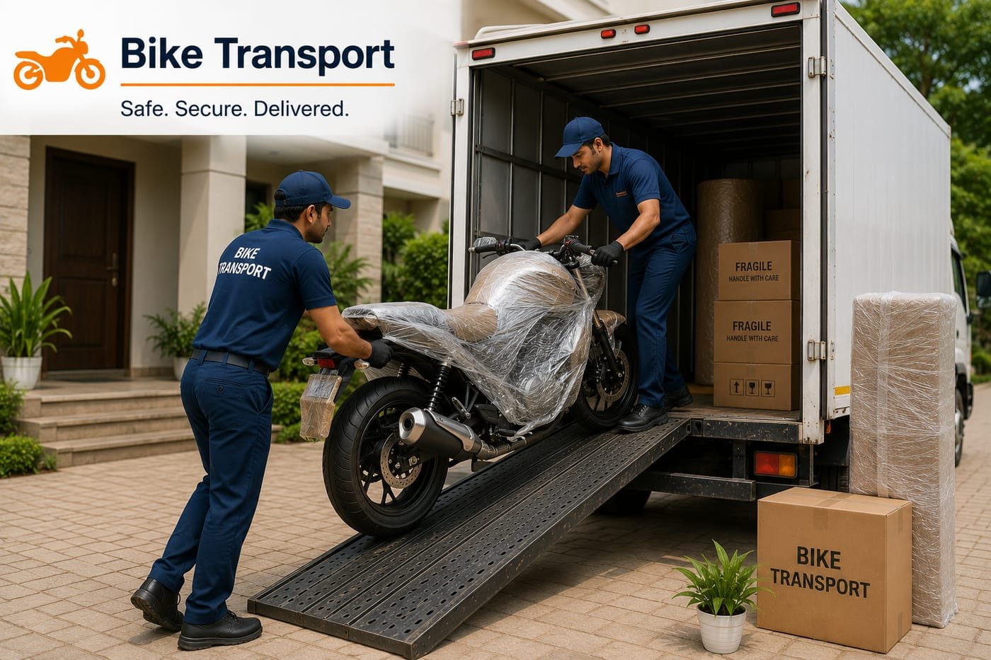 Shifter team loading a wrapped motorcycle into a transport truck