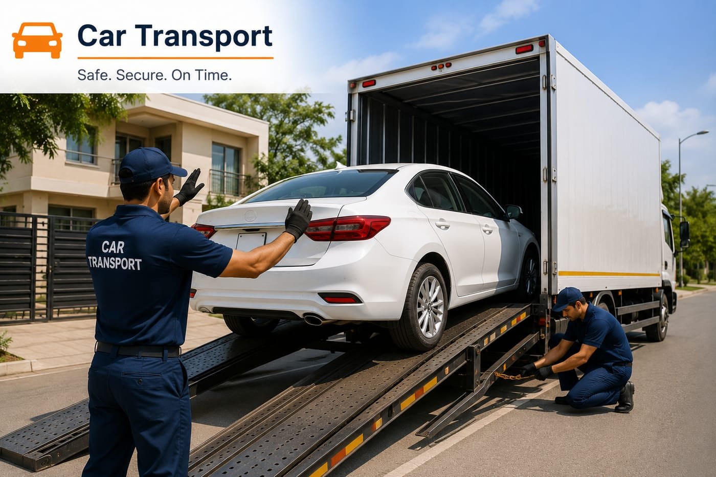 Shifter team loading a car onto a covered car carrier