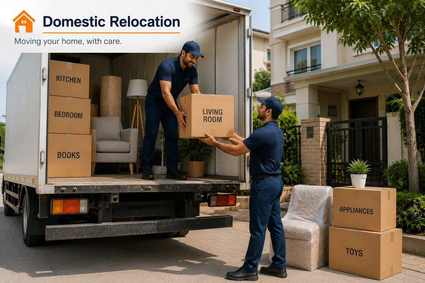 Shifter movers loading labelled household boxes for a long-distance move