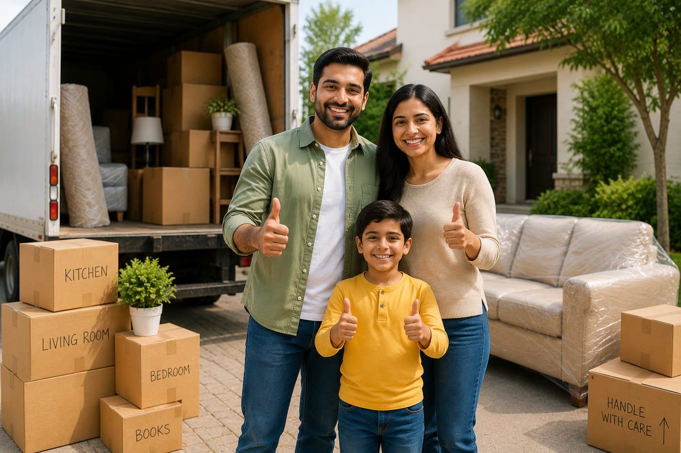 A happy family in front of a Shifter moving truck with labelled boxes
