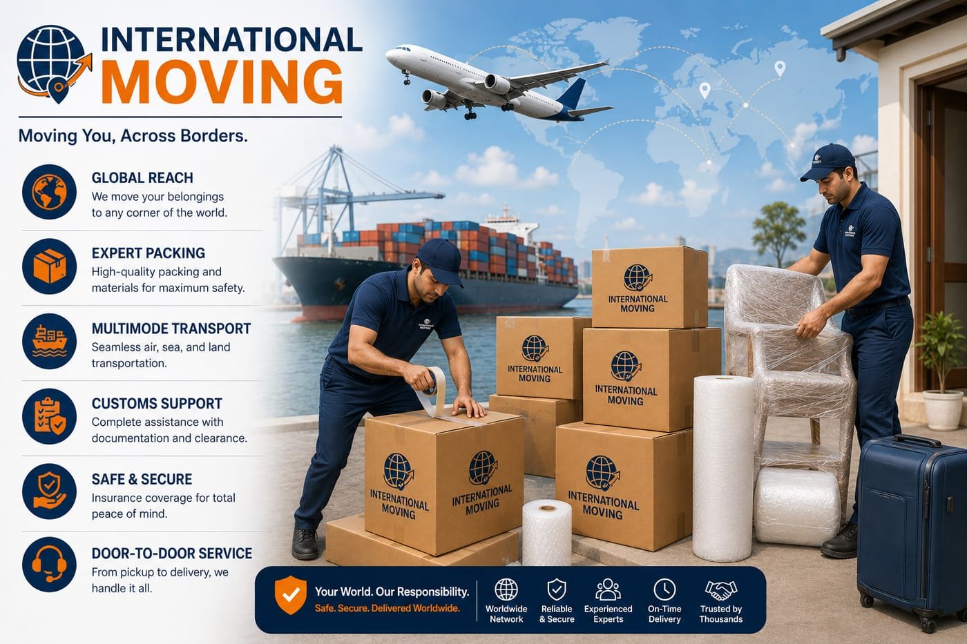 Shifter team export-packing boxes with a cargo ship and plane behind