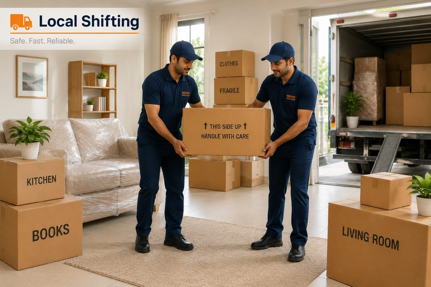 Two Shifter movers carrying a "handle with care" box out to the truck