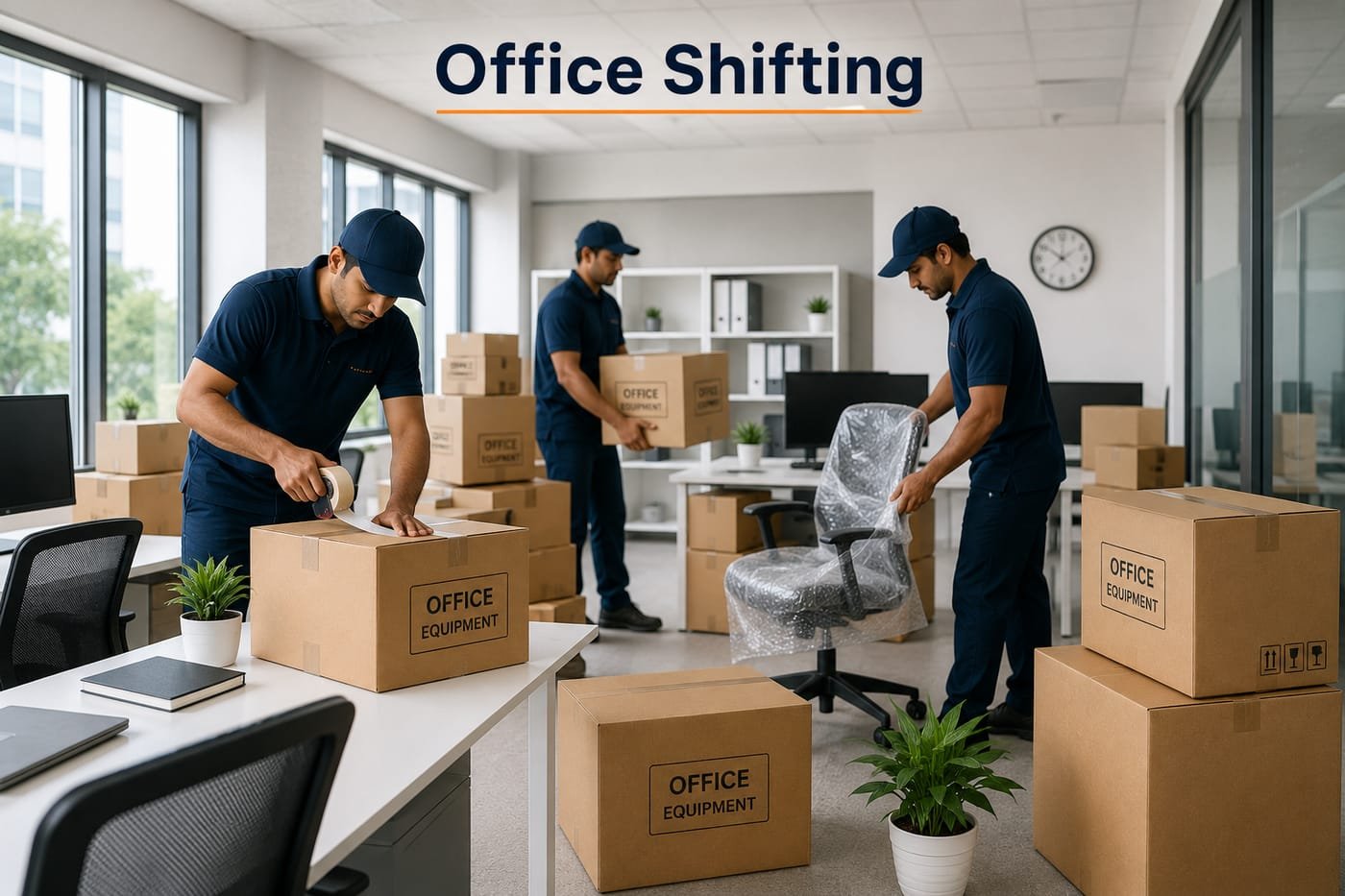 Shifter team packing computers and office equipment into labelled boxes