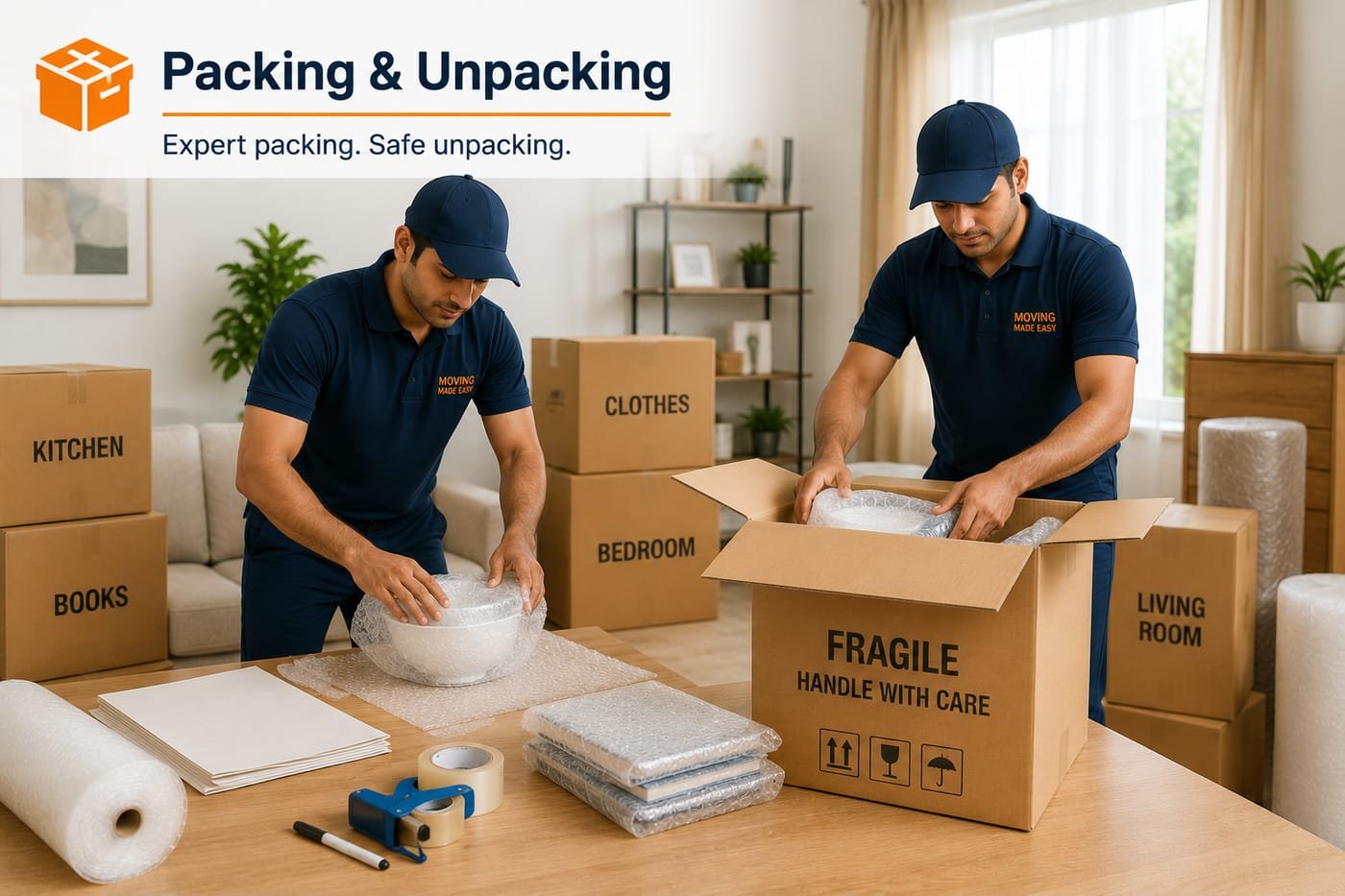 Shifter team bubble-wrapping fragile items and packing them into boxes