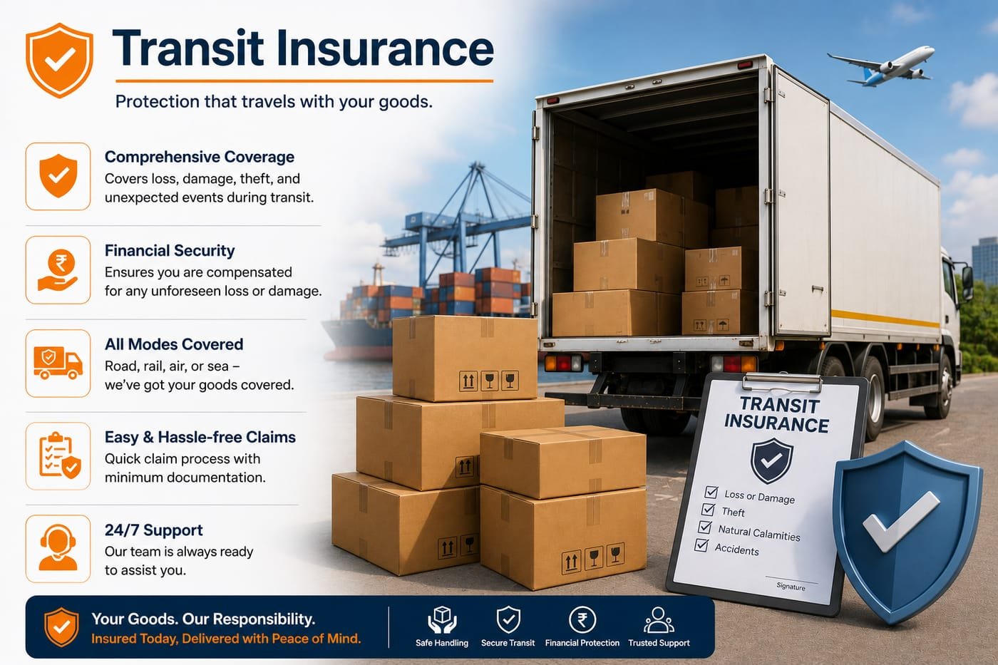 Transit insurance graphic — goods loaded for road, sea and air transport