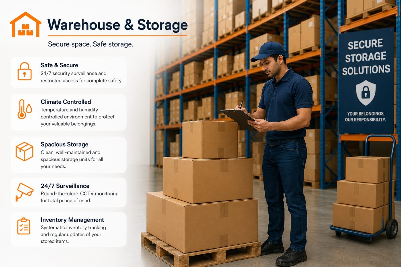 A Shifter worker checking stored boxes in a secure warehouse
